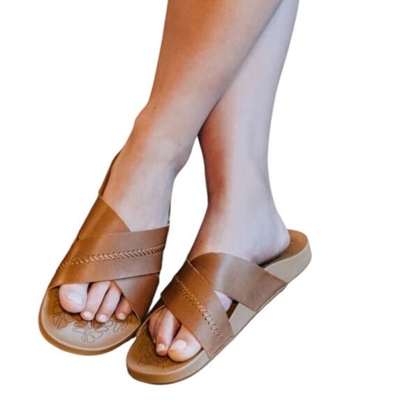 Olukai Kīpe‘a ‘Olu Women’s Leather Floral Foot Slide Sandals Size 9 - Picture 2 of 11